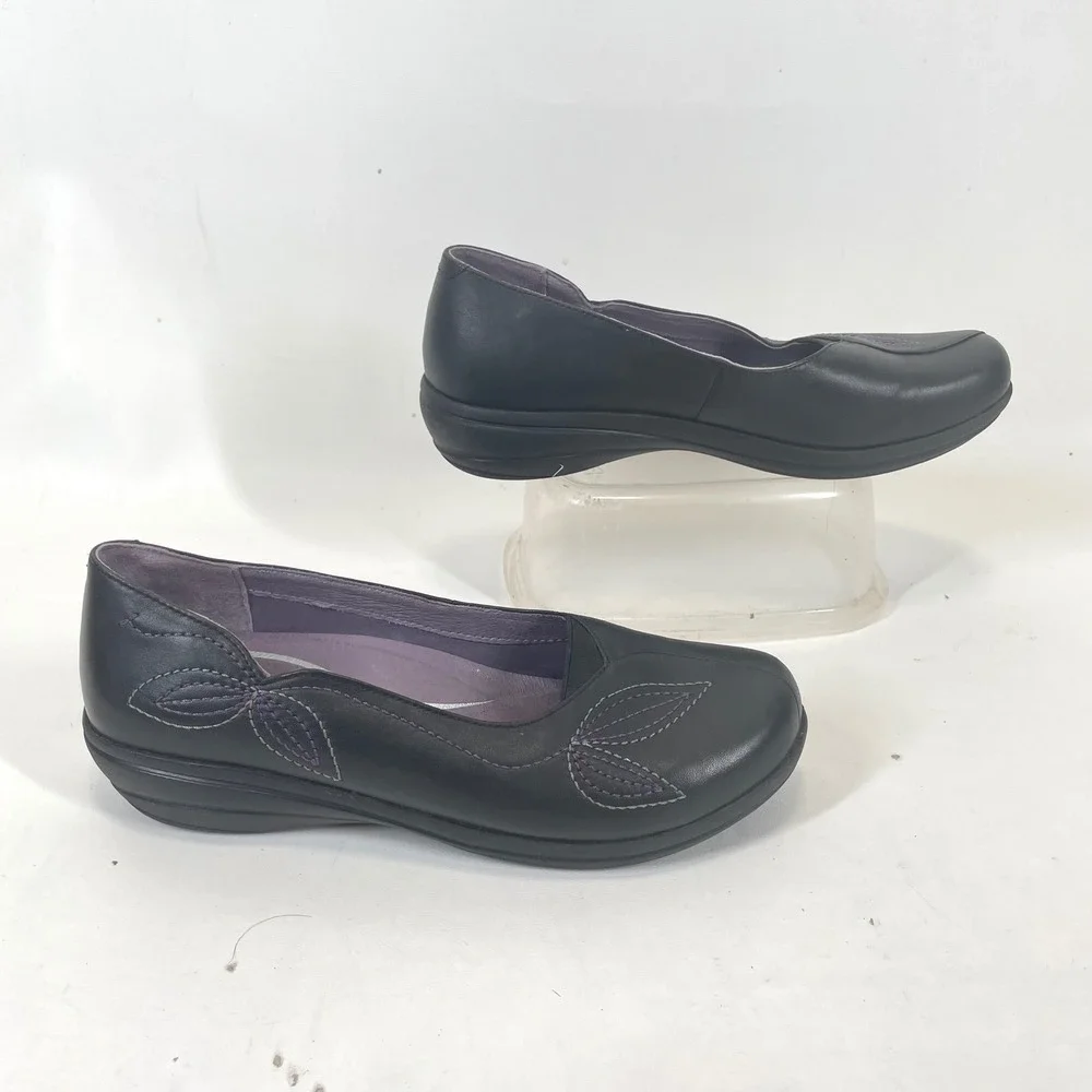 Dansko Black Leather Leaf Embroidered Slip On Flats Shoes Womens 40